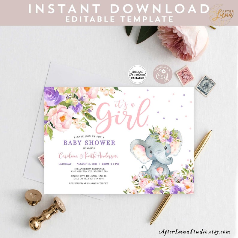 Editable Pink Purple Elephant Baby Shower Invitation Girl Elephant Baby ...