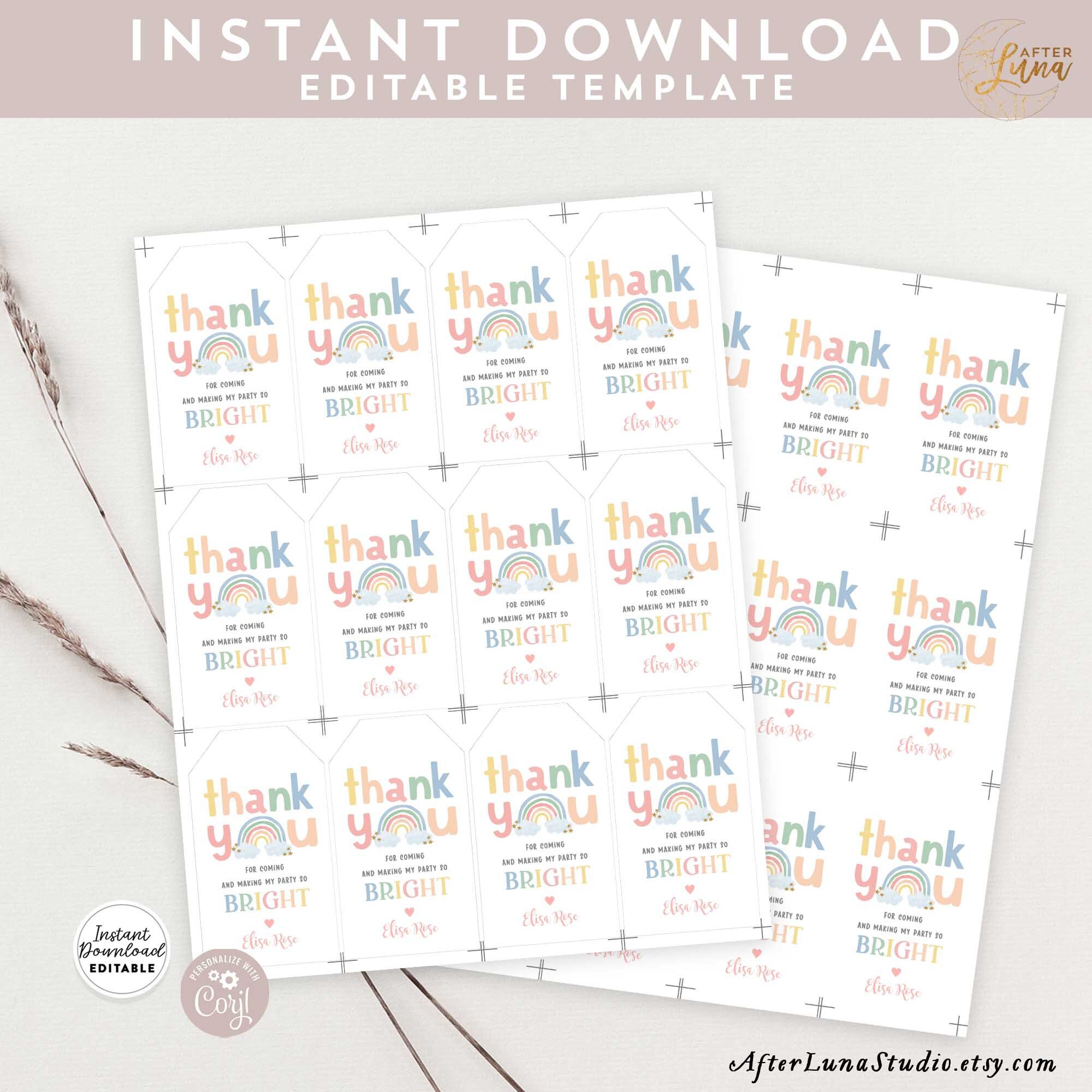 Editable Rainbow Thank You Treat Tag Favor Tags Gift Tags Printable ...