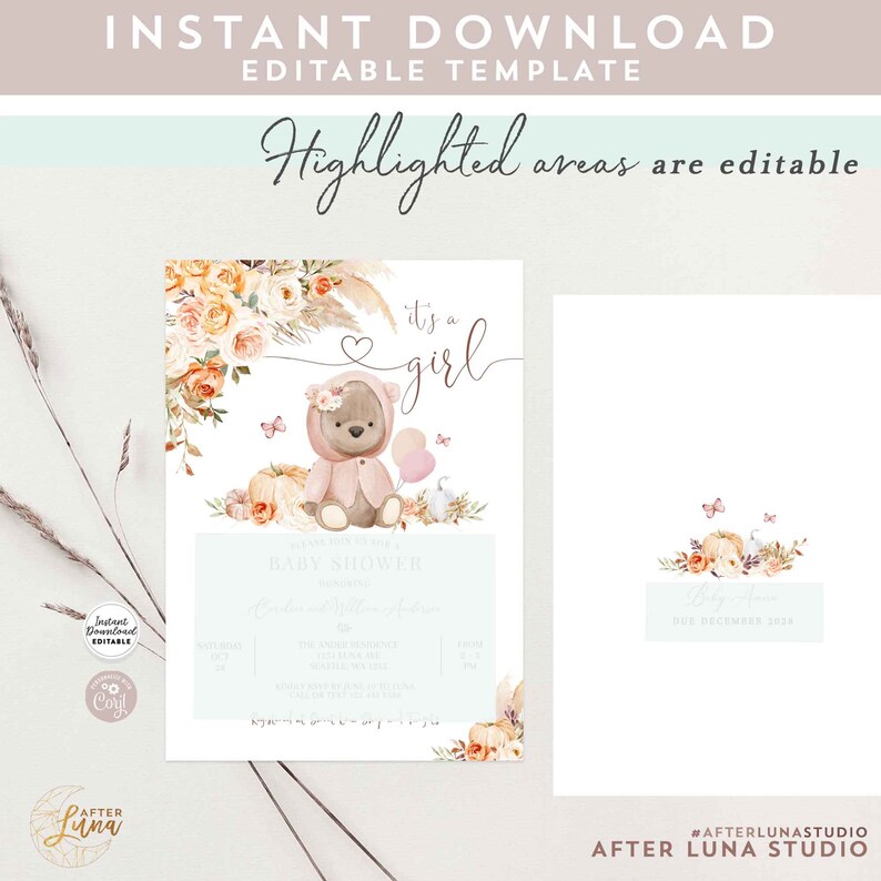 May include: A printable baby shower invitation featuring a watercolor illustration of a teddy bear wearing a pink hooded sweater and holding a pink balloon. The invitation has a light blue background with the text "It's a girl" and "Baby Shower" in a script font. The invitation also includes a floral design with fall colors.