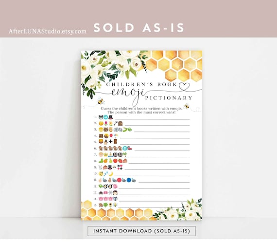 Honey Bumble Bee Children's Book Emoji Pictionary Game Gender Neutral Virtual Baby Shower Games Printable Instant Download 845V1