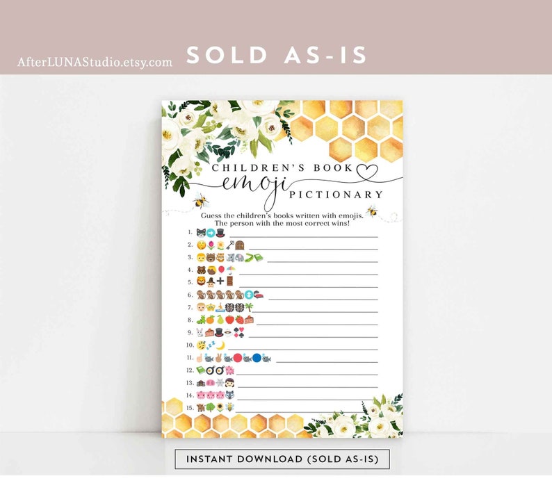May include: A printable game card with a white background and yellow honeycomb pattern. The card features a floral design with white flowers and green leaves. The text "CHILDREN'S BOOK emoji PICTIONARY" is written in black with a heart symbol. The game instructions are to guess the children's books written with emojis. The person with the most correct wins! The card includes 15 lines with emojis and blank spaces for answers.