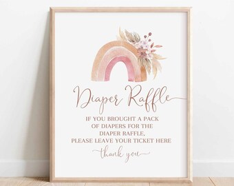 Boho Rainbow Diaper Raffle Sign Pink Pampas Grass Boho Rainbow Baby Shower Decor Decorations Printable Instant Download 530V1