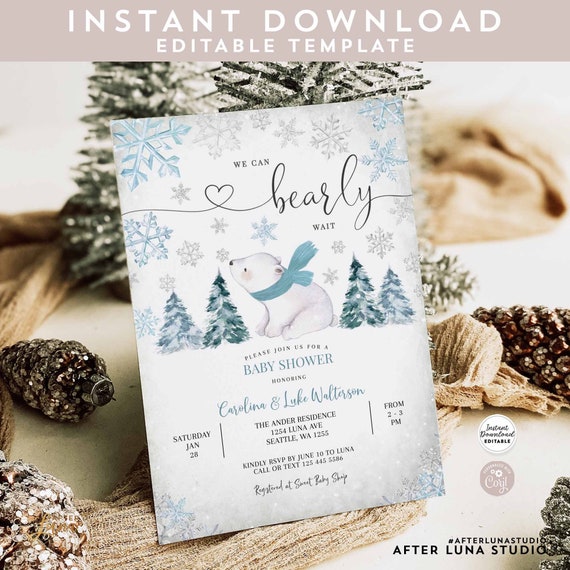 Blue Winter Snowflake Polar Bear Baby Shower Invitation: Boy Bearly Wait Invite Template 874V1(2)