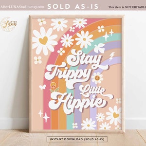 Groovy Birthday Party Decor 70&#39; Daisy Stay Trippy Little Hippie Party Decor Rainbow Verjaardag Decoratie Afdrukbare Instant Download 633K1