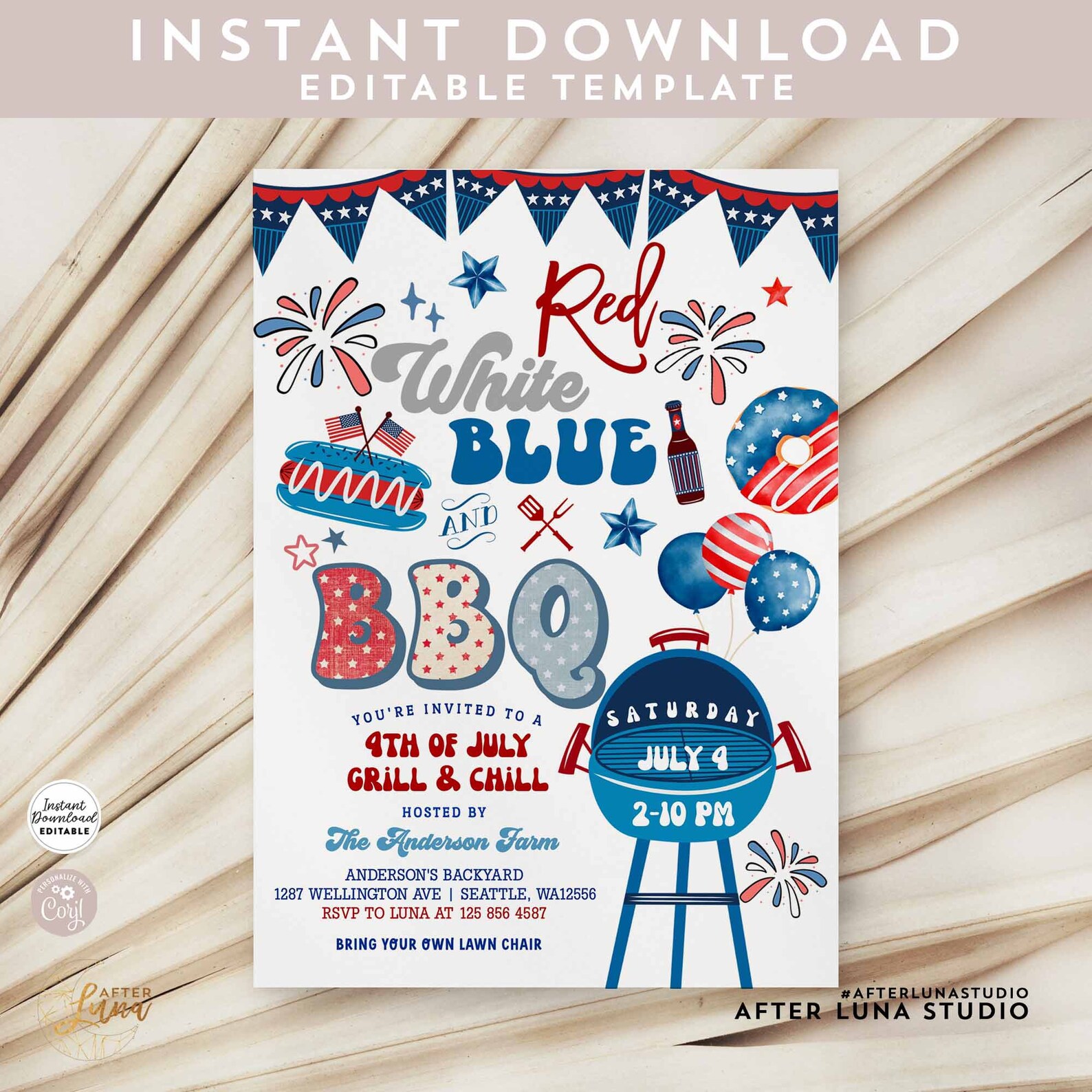 Editable 4th of July BBQ Invitation Red White Blue BBQ Fourth of July ...