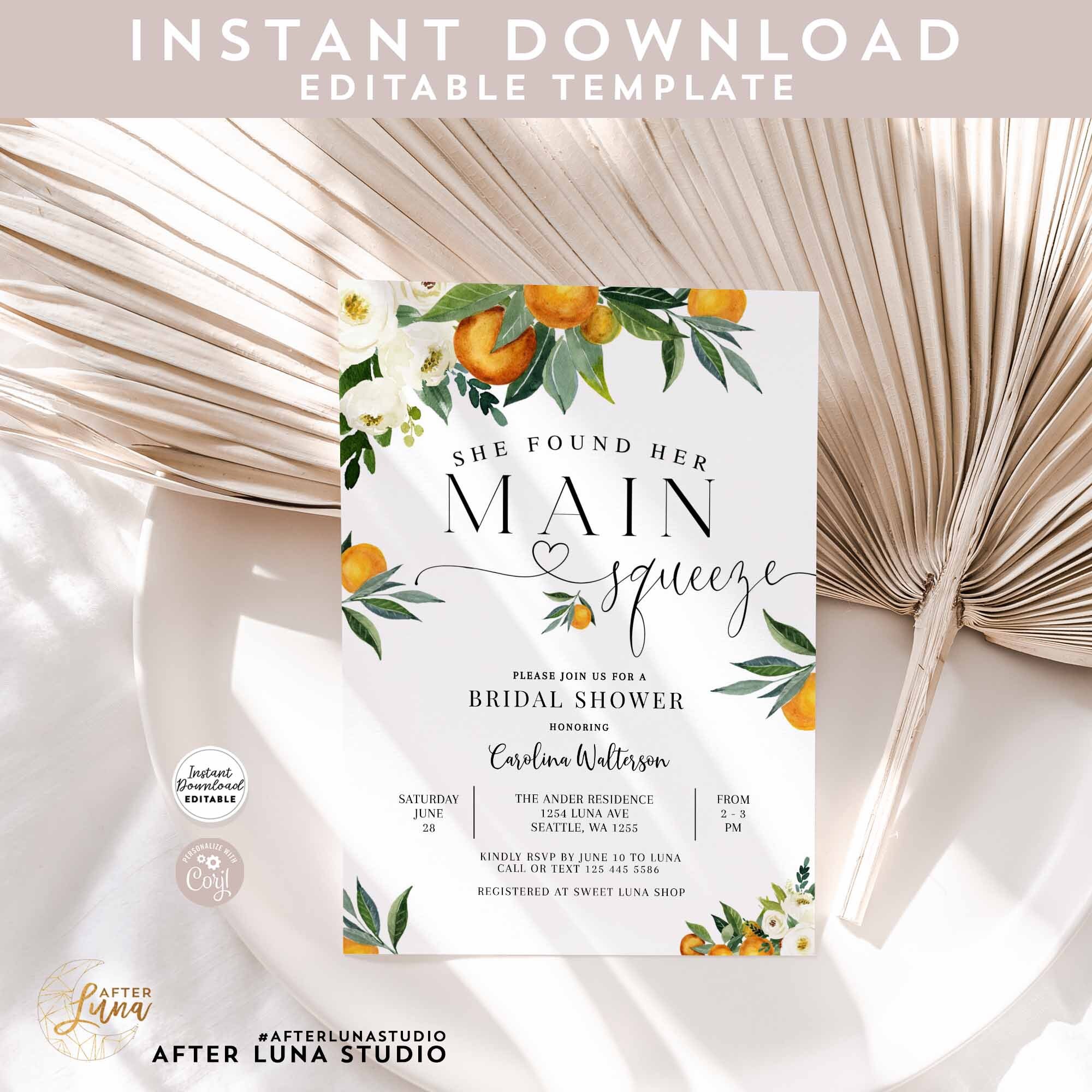 Editable Orange Bridal Shower Invitation She Found Her Main Squeeze ...
