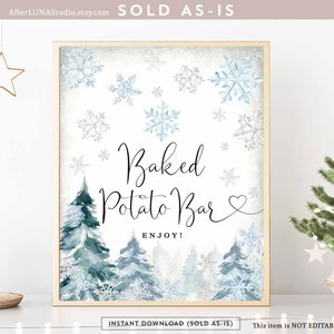 Winter Blue Snowflake Boy Baby Shower Decor Baked Potato Bar Sign Winter Party Decor Decoration Signs Printable Instant Download 120V1