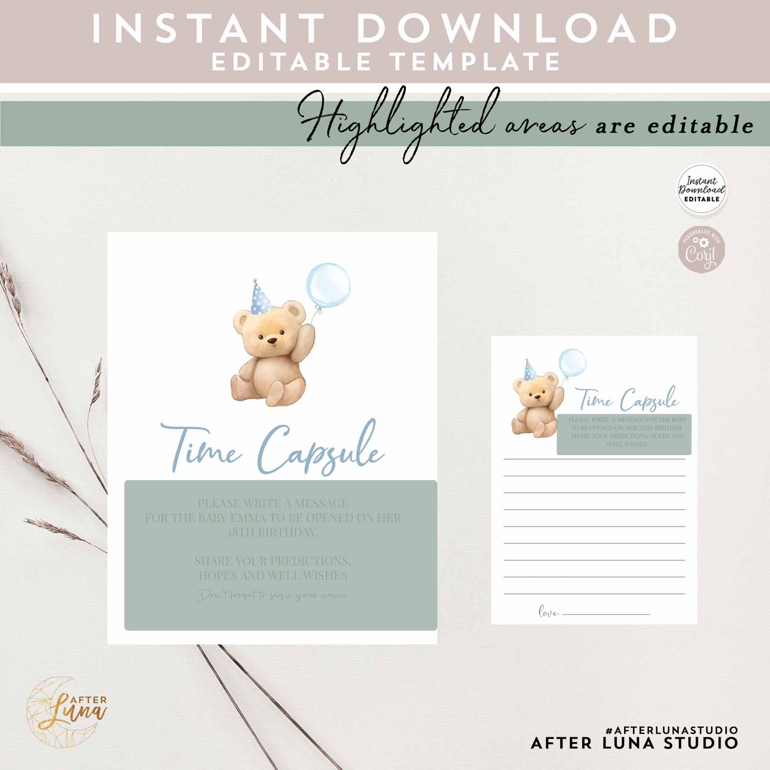 Editable Blue Boy Teddy Bear Birthday Time Capsule Sign Card Birthday ...