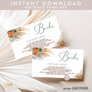 Editierbare Pampas Gras Boho Salbei Grün Gebrannt Orange Bücher für Baby Shower Windel Raffle Ticket Insert Raffle Card Instant Download 212V7