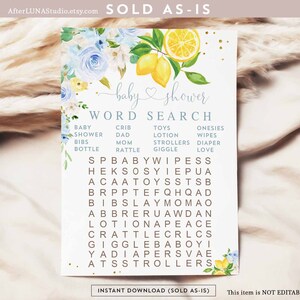 Digital Blue Floral Lemon Baby Wortsuchspiel druckbares Spiel Citrus Lemon Boy Baby Shower Spiele Digital Instant Download 157V2