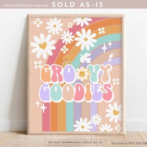 Groovy Birthday Party Decor 70&#39; Daisy Groovy Goodies Sign Decor Groovy Rainbow Hippie Verjaardag Decoratie Afdrukbare Instant Download 633K4