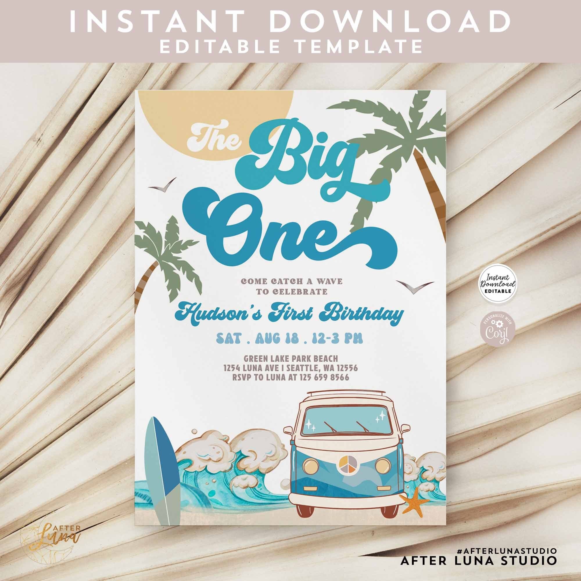 Editable Boy the Big One Surfing 1st Birthday Party Invitation Retro Boy Surf Van Surfboard Beach Party Invite Instant Download 661K6 1 Etsy