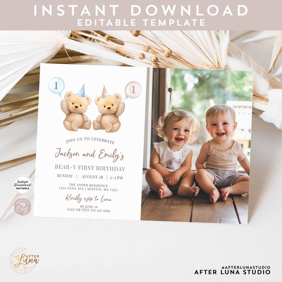 Teddy Bear Twins Boy Girl 1st Birthday Invitation: Beary First Birthday ...