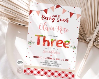Editable Strawberry 3rd Birthday Invitation Berry Sweet Strawberry Picking 4th Birthday Invite Invites Instant Download AL1483 (3)