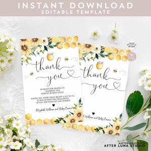 Tarjeta de agradecimiento personalizada editable con diseño de abeja y girasol, plantilla editable para imprimir y descargar al instante 846V1
