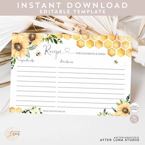 Bewerkbare gepersonaliseerde zonnebloemhoningbij Receptkaart Babyvrijgezellenfeest Receptkaart afdrukbare sjabloon Instant Download 846V1