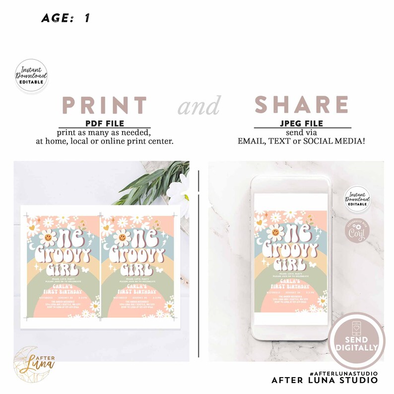 May include: Printable invitation for a first birthday party with a groovy theme. The invitation features a rainbow, daisies, butterflies, and the text "One Groovy Girl".