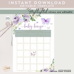 Editable Purple Gold Butterfly Baby Bingo Game Printable Virtual Baby ...