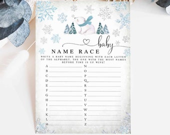 Winter Blue Snowflake Boy Polar Bear Baby Name Race Game Virtual Baby Shower Games Digital Printable Instant Download 874V1