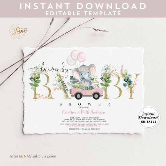 Editable Sunflower Pink Elephant Drive By Baby Shower Sprinkle