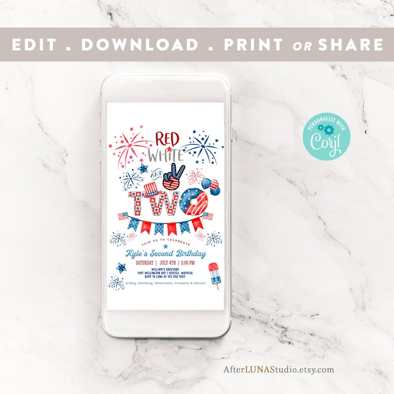 Editable Red White and Two Invitations 4th of July 2nd Birthday ...
