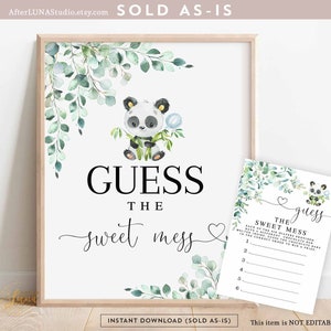 Greenery Panda Bear Guess The Sweet Mess Game Sign Bear Baby Shower Sprinkle Boy Bear Birthday Gifts Sign Instant Download 779V1