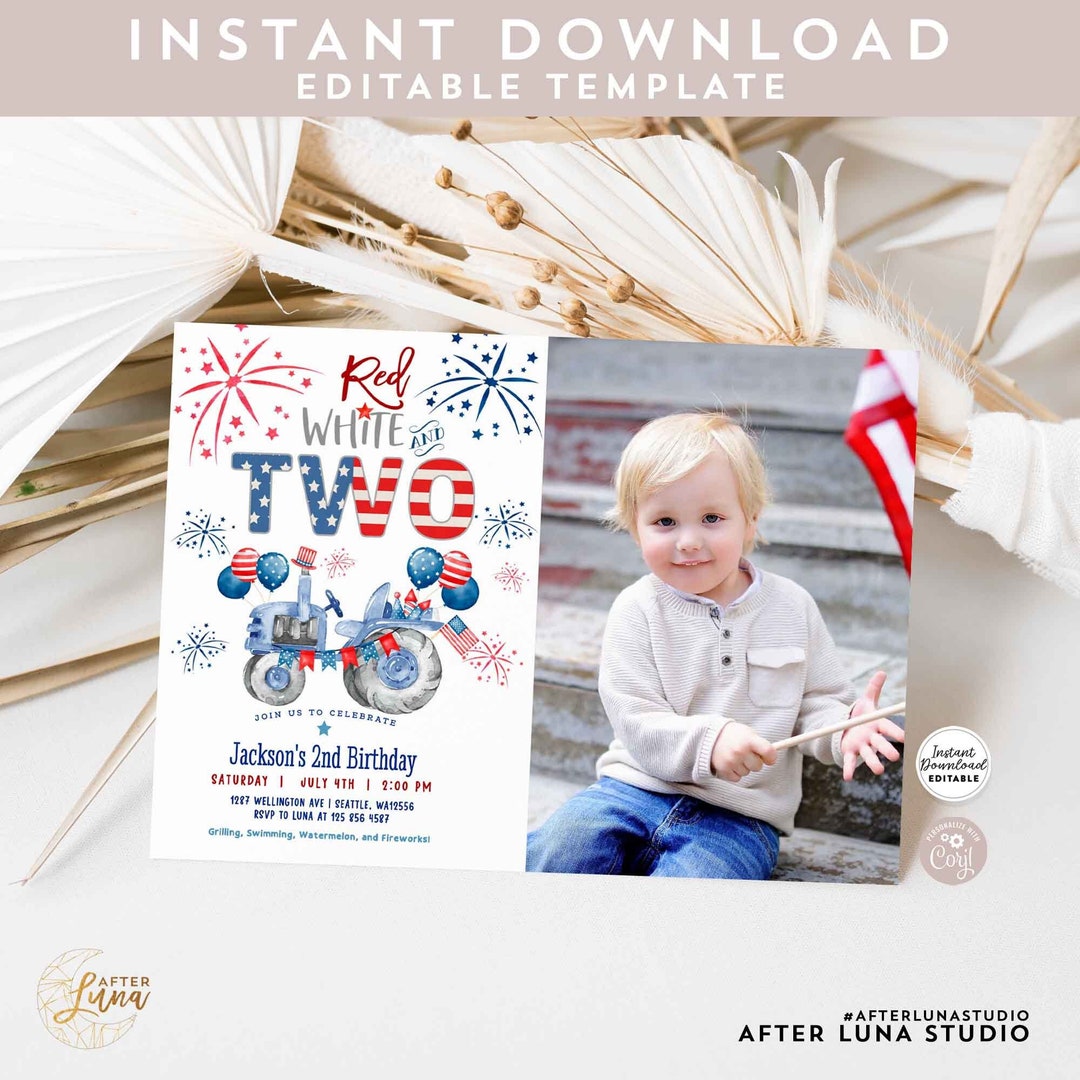 Editable Red White and TWO 2nd Birthday Invitation Boy 4th of July Blue ...