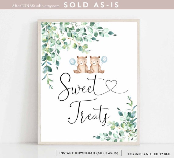 Greenery TWINS Boy Teddy Bear Sweet Treats Sign Printable | Etsy
