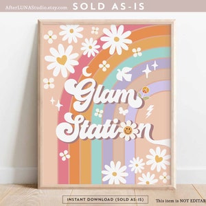 Groovy Birthday Party Decor 70&#39; Daisy Glam Station Party Decor Rainbow Hippie Verjaardag Decoratie Afdrukbare Instant Download 633K1