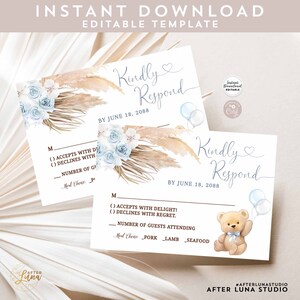 Editable Blue Pampas Grass We Can Bearly Wait Boy Boho Teddy Bear Baby Shower RSVP Card Template Respond Card Téléchargement instantané 904V3