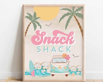 Girl Surfing Surf Birthday Decor Snack Shack Sign The Big One Surf's Up Birthday Decorations Sign Printable Instant Download 661K4