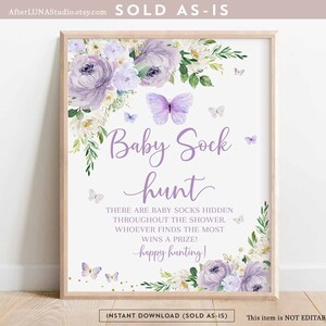 Lila Schmetterling Baby Sock Hunt Zeichen Lavendel Schmetterling Geburtstag Braut Baby Shower Sprinkle Dekor Digital druckbare Instant Download 554BB