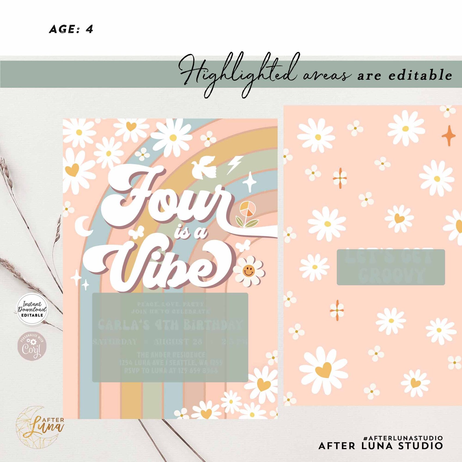 Editable Groovy 4th Birthday Invite Pastel Blue Blush Four is a Vibe ...
