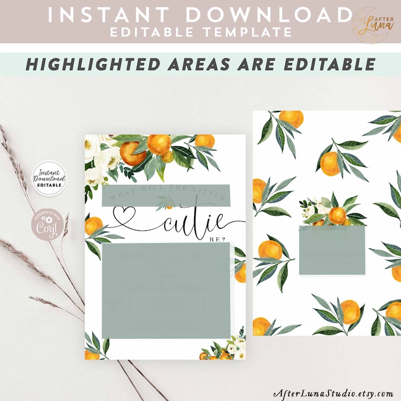 Editable Orange Gender Reveal Party Invitation A Little Cutie Etsy