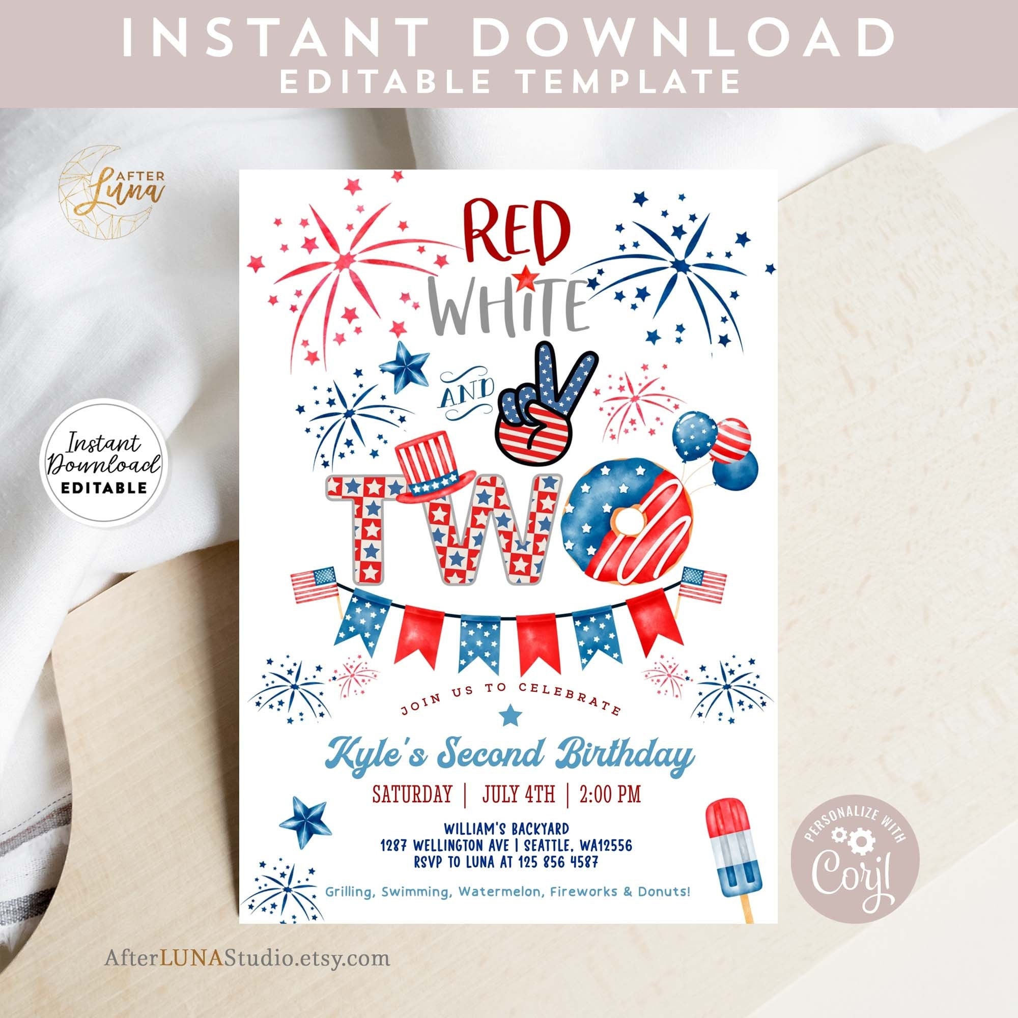 Editable Red White and Two Invitations 4th of July 2nd Birthday ...