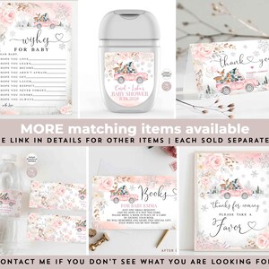 Pu&ograve; includere: Un set di decorazioni per baby shower stampabili con un camioncino rosa con animali del bosco, fiocchi di neve e dettagli floreali. Il set include un biglietto di ringraziamento, un cartello per un favore, un biglietto di richiesta di un libro, un biglietto di auguri per il bambino e un'etichetta per il disinfettante per le mani.