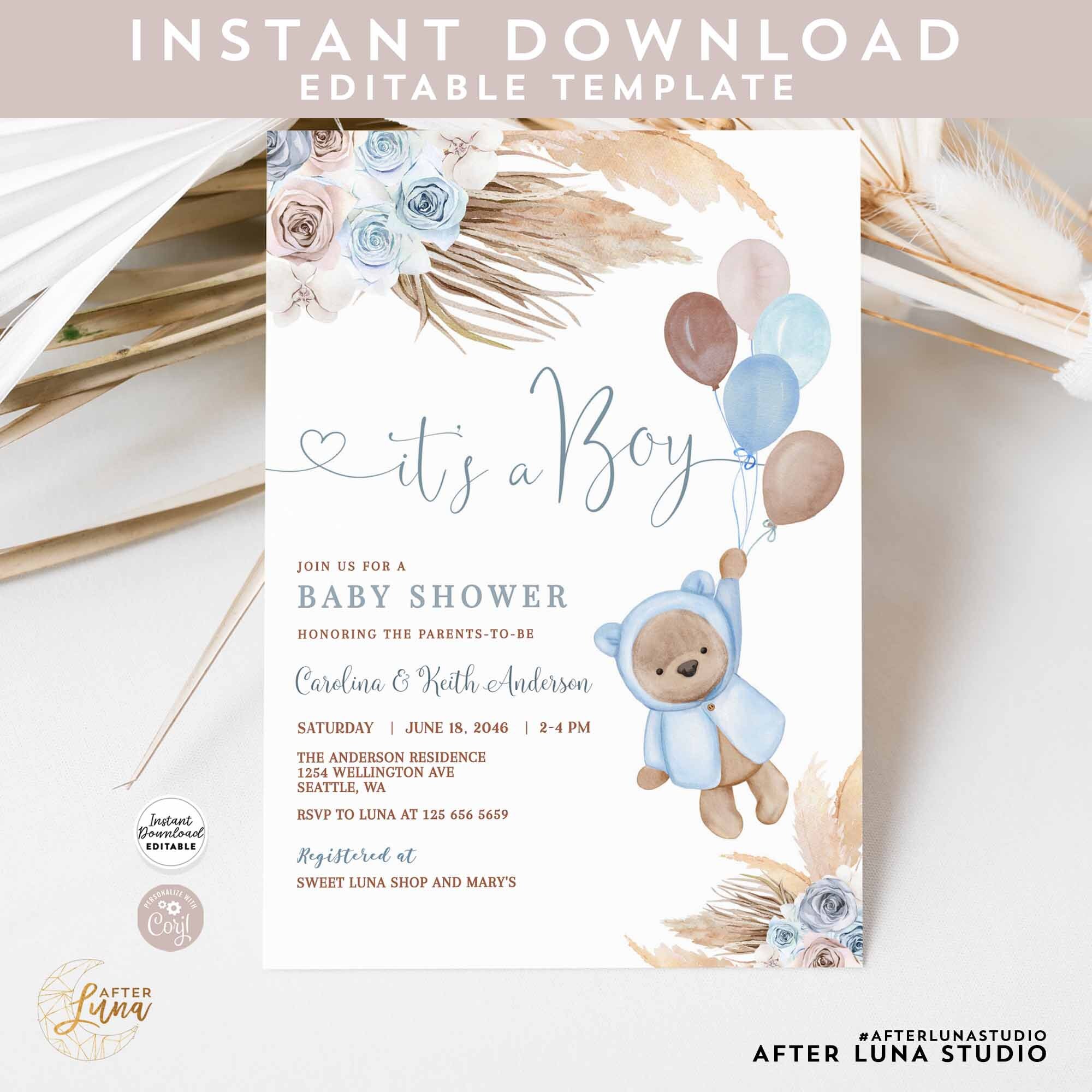 Editable It's A Boy Pampas Grass Boho Teddy Bear Baby Shower Invitation ...