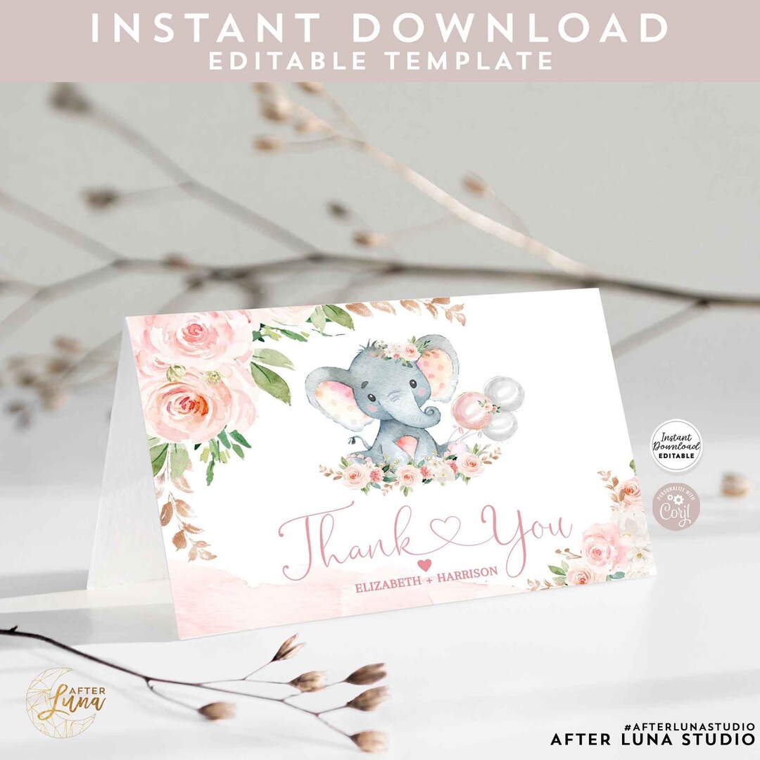 EDITABLE Blush Pink Rose Gold Elephant Baby Shower Folded Thank You ...