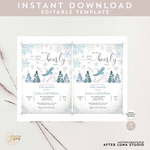 May include: A printable baby shower invitation featuring a polar bear wearing a blue scarf in a snowy forest setting. The text reads "We can bearly wait" and includes the names "Caroline & Luke Walterson".