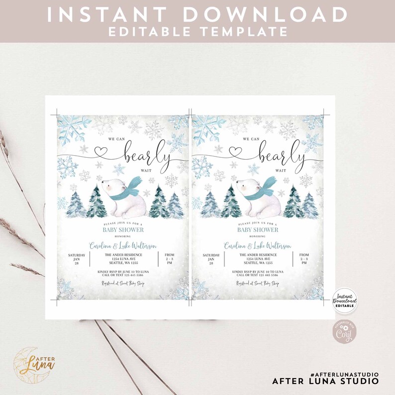 May include: A printable baby shower invitation featuring a polar bear wearing a blue scarf in a snowy forest setting. The text reads "We can bearly wait" and includes the names "Caroline & Luke Walterson".
