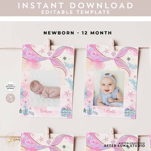 Puede incluir: Un conjunto de 12 tarjetas imprimibles con un dise&ntilde;o de cola de sirena con acentos rosas, azules y dorados. Cada tarjeta tiene un espacio para una foto y una etiqueta para cada mes del primer a&ntilde;o del beb&eacute;. Las tarjetas son perfectas para crear un &aacute;lbum de fotos del primer a&ntilde;o del beb&eacute; o un rastreador de hitos mensuales.