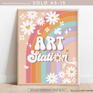 Groovy Birthday Party Decor 70&#39; Daisy Art Station Decor Groovy Rainbow Hippie Verjaardag Decoratie Decors Afdrukbare Instant Download 633K1
