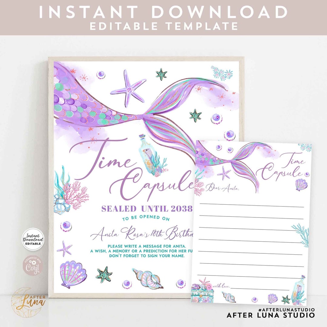Editable Purple Mermaid Under the Sea Oneder the Sea Time Capsule Sign and Card Birthday ...