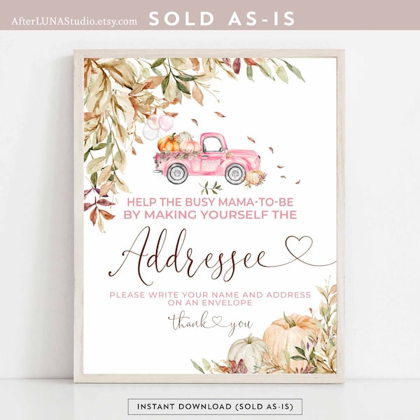 Fall Pink Pumpkin Truck Baby Shower Decor Addressee Address Sign Baby Shower Sprinkle Birthday Drive Through Sign Instant Download 1261V8