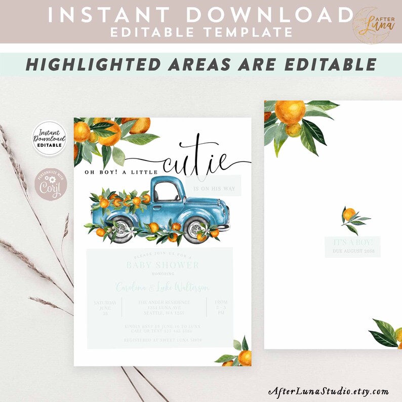 May include: A blue truck with a bed full of oranges, a leafy green tree with oranges, and the text "Oh boy! A little cutie is on his way" on a light blue background. The text "Baby Shower" is also on the invitation.