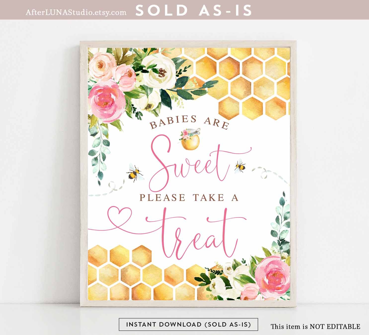 Pink Honey Bumble Bee Babies Are Sweet Treat Sign Floral Girl A Little Honey Sweet As Can Bee Baby Shower Printable Instant Download 841V1