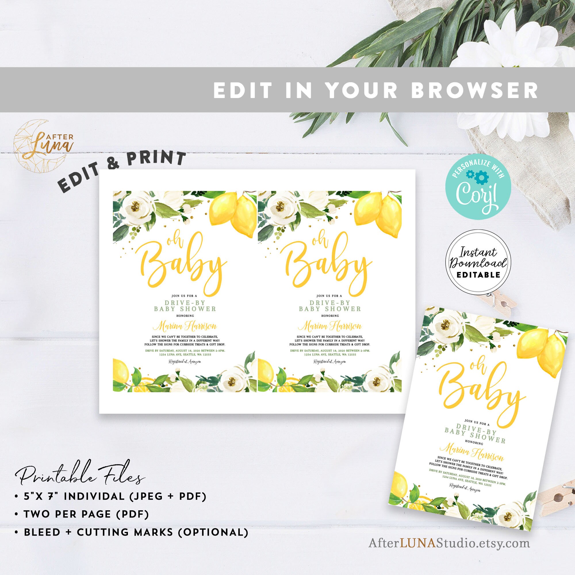 Editable Greenery Lemon Drive By Baby Sprinkle Shower Invitation Gender