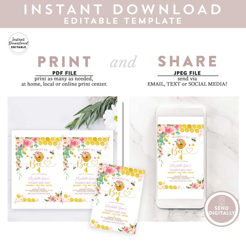 Editable ANY AGE Bee Birthday Invitation Girl Pink Honey Bee So Sweet To Bee Bee Day Birthday Invite Template Instant Download 423KID (3) image 3