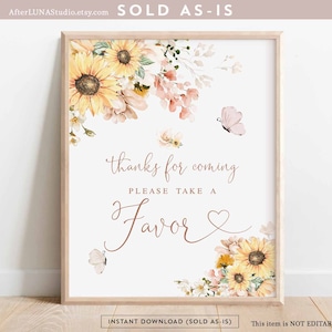 Sunflower Wildflower Thanks For Coming Favor Sign Sunflower Baby Shower Sprinkle Decor Decoration Digital Printable Instant Download 820V1