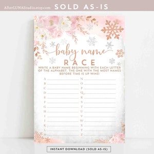 Winter Blush Pink Rose Gold Snowy Winter Nombre del bebé Juego de carreras Deseos Juego de actividades Juego de baby shower Descarga instantánea (se vende tal cual) 129V1